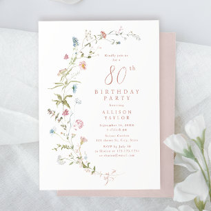Any Age Dusty Pink Wildflower Boho 80th Birthday  Invitation