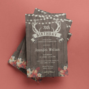 ANY AGE Female Rustic Floral Antlers Banner B'day Invitation