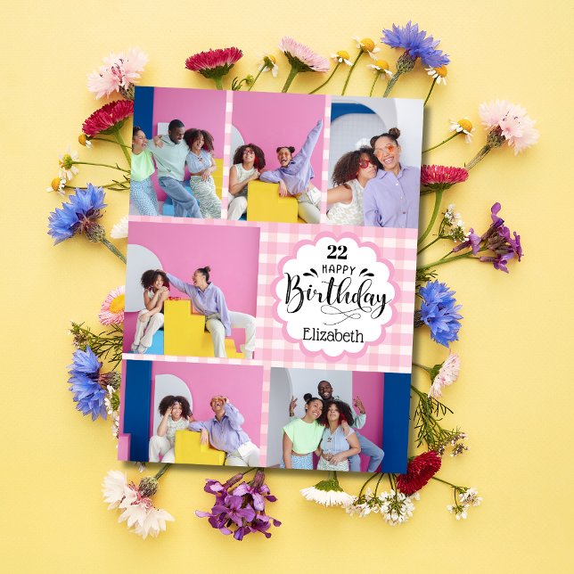 Any Age Feminine Pink 7 Photo Collage Birthday Card (Creator Uploaded)