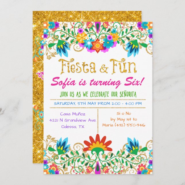 ANY AGE - Fiesta Floral Glitter Birthday Card (Front/Back)