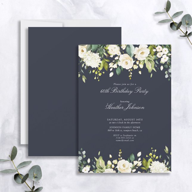 Any Age Floral Navy Blue & White Elegant Birthday Invitation (Creator Uploaded)