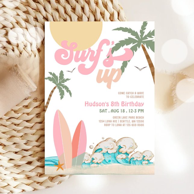 ANY AGE Girl Pink Peach Surfing Birthday Party Invitation (Creator Uploaded)