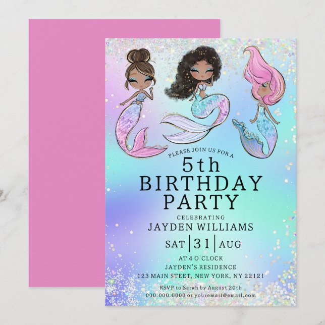 Any Age Glitter Mermaid Black Hair Girl Birthday Invitation (Front/Back)