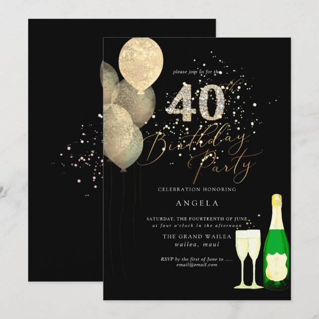Any Age, Gold Glitter Balloons Diamond Invitation (Front/Back)