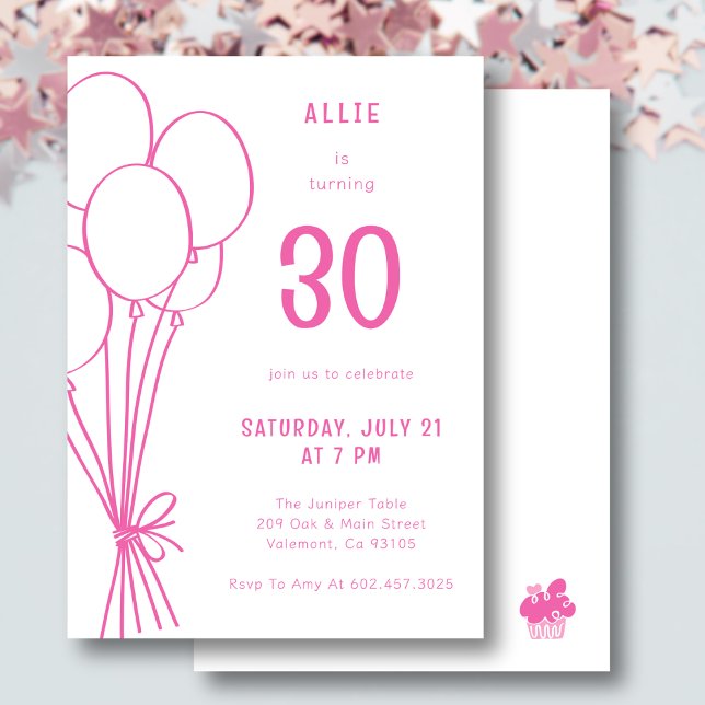 Any Age Hand Drawn Birthday Balloon Hot Pink Invitation (Creator Uploaded)