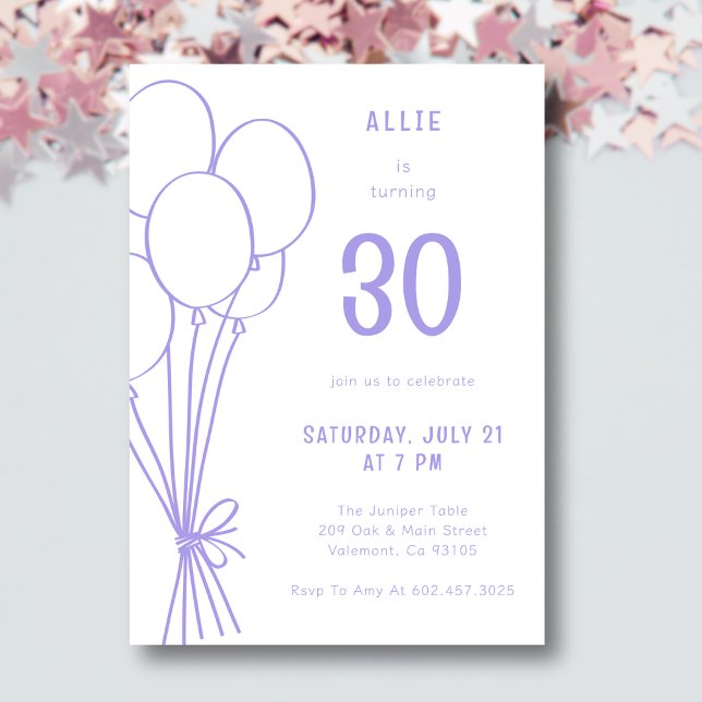 Any Age Hand Drawn Birthday Balloon Lavender Invitation (Creator Uploaded)