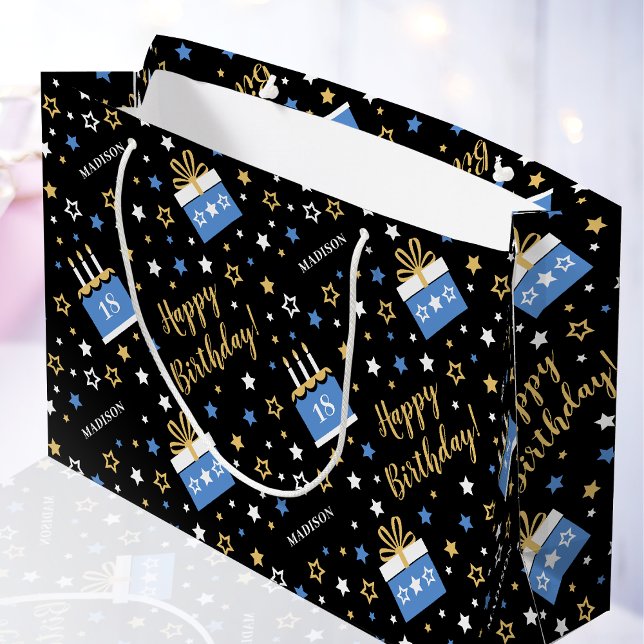 Any Age Happy Birthday Cake Blue Black Large Gift Bag (Creator Uploaded)