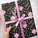 Any Age Happy Birthday Cake Pink Black Wrapping Paper<br><div class="desc">Make your gift extra special with this personalised celebration wrapping paper! A seamless pattern with stylish script lettering surrounded by birthday cakes and stars. Both the name and birthday age can be customised to make it truly unique. Personalised gift wrap adds a special touch to your gift for family and...</div>