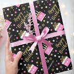 Any Age Happy Birthday Cake Pink Black Wrapping Paper<br><div class="desc">Wrap up a birthday surprise with personalised gift wrap! A fun design featuring a seamless pattern of birthday cakes, stars and "Happy Birthday" in a trendy script. Personalise the template with the recipient's name and birthday age. Perfect for family and friends! Printed colours: pink, black and gold. Available with a...</div>