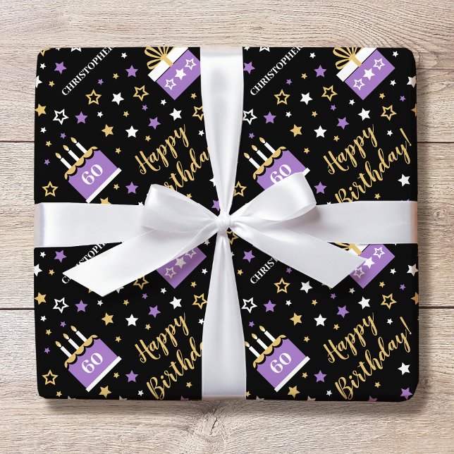 Any Age Happy Birthday Cake Purple Black Wrapping Paper (Creator Uploaded)