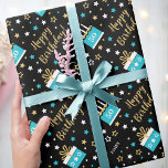 Any Age Happy Birthday Cake Teal Black Wrapping Paper<br><div class="desc">Make your gift extra special with this personalised celebration wrapping paper! A seamless pattern with stylish script lettering surrounded by birthday cakes and stars. Both the name and birthday age can be customised to make it truly unique. Personalised gift wrap adds a special touch to your gift for family and...</div>
