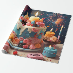Any Age Happy Birthday Pink Cake Candle  Wrapping Paper
