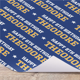 Any Age Happy Birthday Retro Custom Navy Gold Wrapping Paper