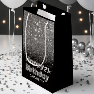 Any Age Happy Birthday silver & Black Glitter  Small Gift Bag