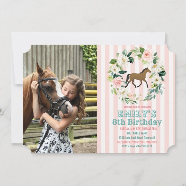ANY AGE - Horse Floral Birthday Photo Invitation (Front)