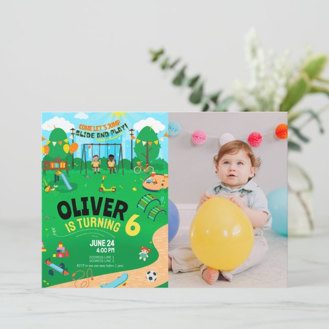 Any age indoor playground photo birthday  invitation (Standing Front)