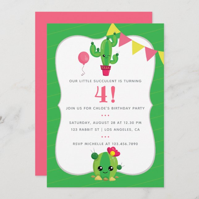 Any Age Kids Cactus themed Birthday Party Invite (Front/Back)