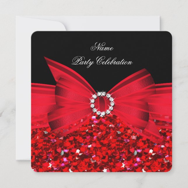 Any Age Luxury Glitter Red Bow Black Party Invitation (Front)