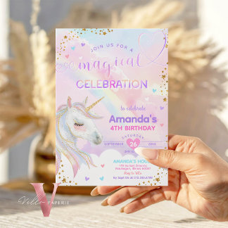 Any Age Magical Rainbow Unicorn Gold Birthday Invitation