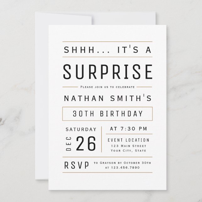 Any Age Modern Simple Typography Surprise Birthday Invitation (Front)