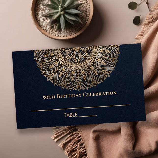 ANY AGE NAVY GOLD ORNATE MANDALA 50TH BIRTHDAY PLACE CARD (Creator Uploaded)