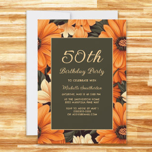 Any Age Orange Flowers Brown 50th Birthday Invitation