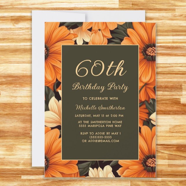Any Age Orange Flowers Brown 60th Birthday Invitation (Orange flowers on brown 60th birthday party invitation)