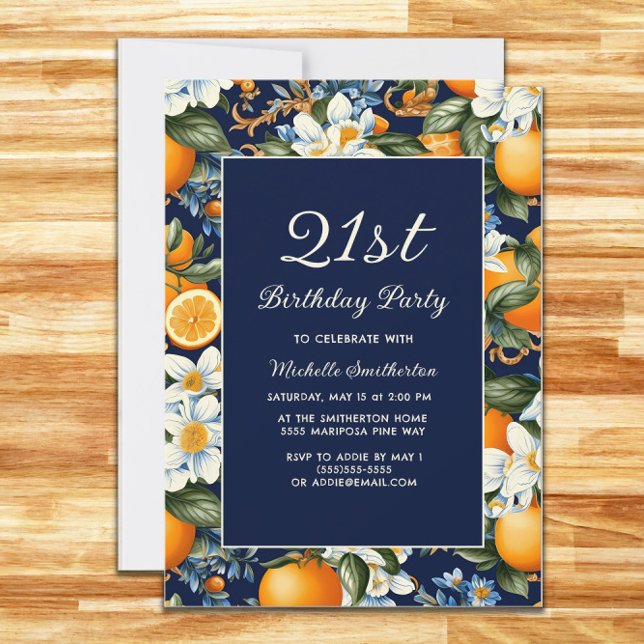 Any Age Oranges White Flowers Navy Blue Birthday Invitation (Oranges and white blooms on navy blue birthday party invitation for any age)