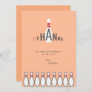 Any Age Peach Fuzz Modern Bowling Birthday Party Thank You Card