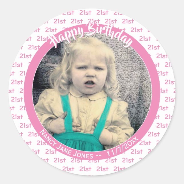 Any Age & Photo: Birthday Number Pattern Pink Classic Round Sticker (Front)