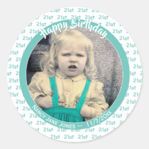 Any Age & Photo: Birthday Number Pattern Teal Classic Round Sticker