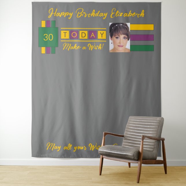Any age photo green grey birthday party backdrop tapestry (In Situ)