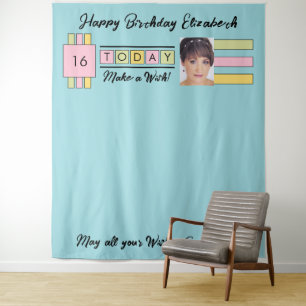 Any age photo turquoise birthday party backdrop tapestry