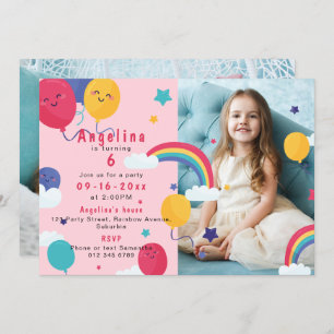 ANY AGE Pink Balloons & Rainbows 2-Photo Birthday Invitation
