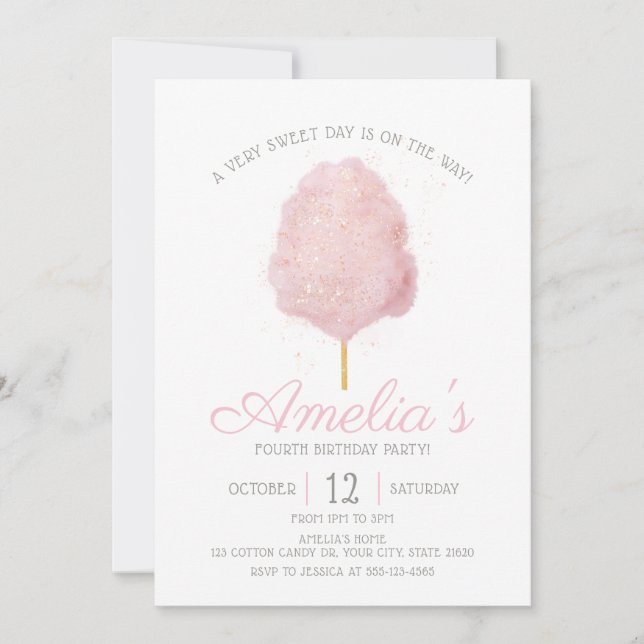Any Age Pink Glitter Cotton Candy Birthday Invitation (Front)