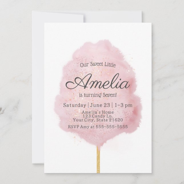 Any Age Pink Glitter Cotton Candy Birthday Invitation (Front)
