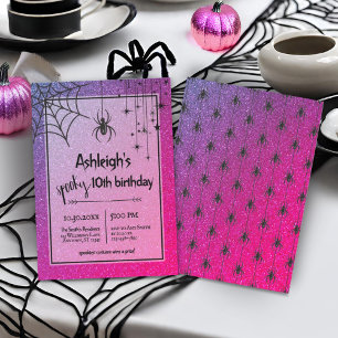 Any Age Pink Glitter Spider Halloween Birthday Invitation