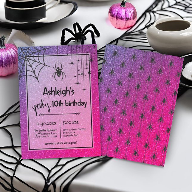 Any Age Pink Glitter Spider Halloween Birthday Invitation (Creator Uploaded)
