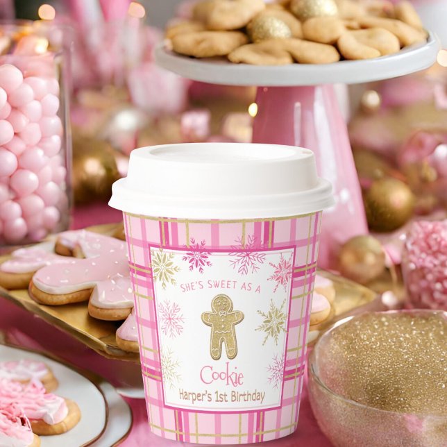 Any Age Pink Gold Plaid Sweet As A Cookie Birthday Paper Cups (Creator Uploaded)