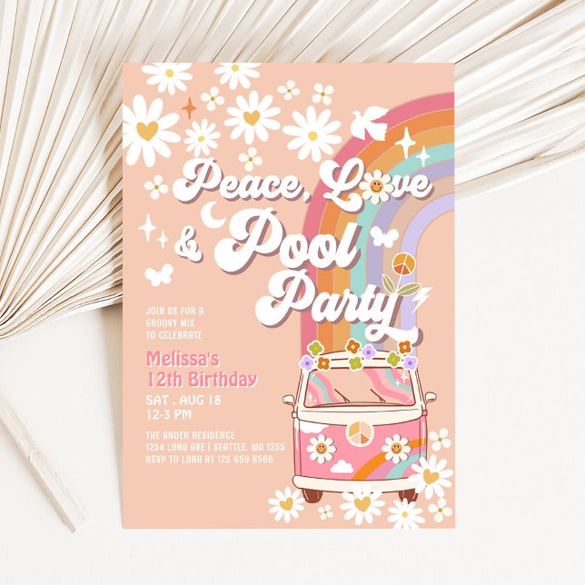 ANY AGE Pink Peace Love Pool Party Groovy Birthday Invitation (Creator Uploaded)