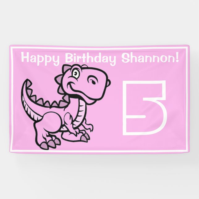 Any Age Pink T Rex Dinosaur Birthday Banner (Horizontal)