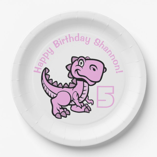 Any Age Pink T Rex Dinosaur Birthday Paper Plate (Front)