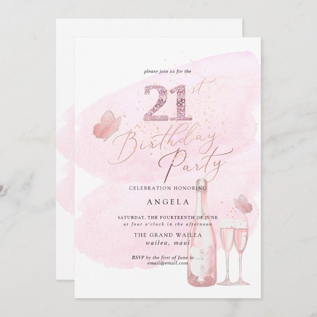 Any Age, Pink Watercolor Champagne 21st Invitation (Front/Back)