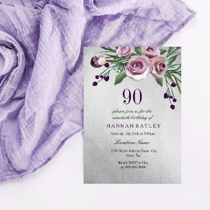 Any Age Purple Silver Rose 90th Birthday Invite