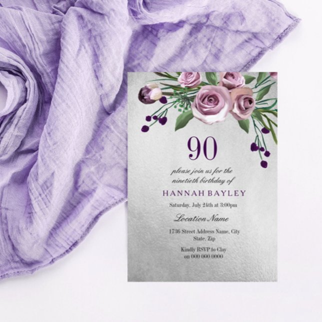 Any Age Purple Silver Rose 90th Birthday Invite (Creator Uploaded)