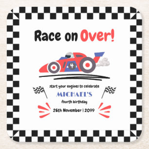 Any Age Race on Over Vintage Red Blue Race Car  Square Paper Coaster
