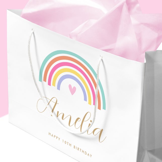 Any Age Rainbow Love Heart Personalised Name Girl Large Gift Bag (Creator Uploaded)
