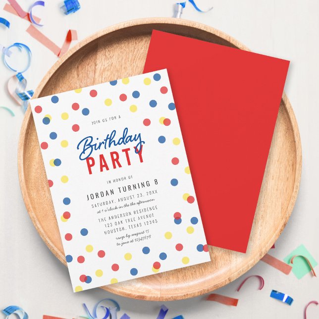 Any Age Red Blue Yellow Confetti Birthday Party Invitation (Creator Uploaded)
