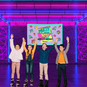 ANY AGE retro 90's party purple pink teal birthday Banner