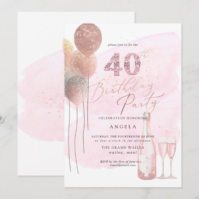 Any Age, Rose Gold Balloons Pink Diamonds Invitation (Front/Back)